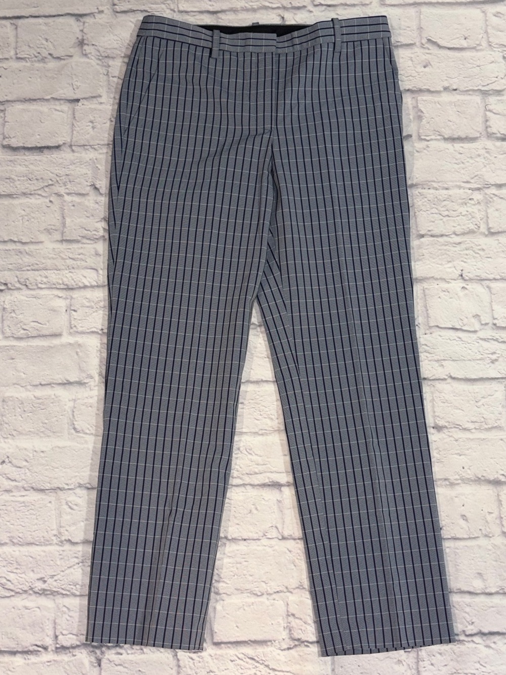 Theory Treeca 4 Blue Check/Windowpane Screen Viscose Cropped Trouser Dress Pants
